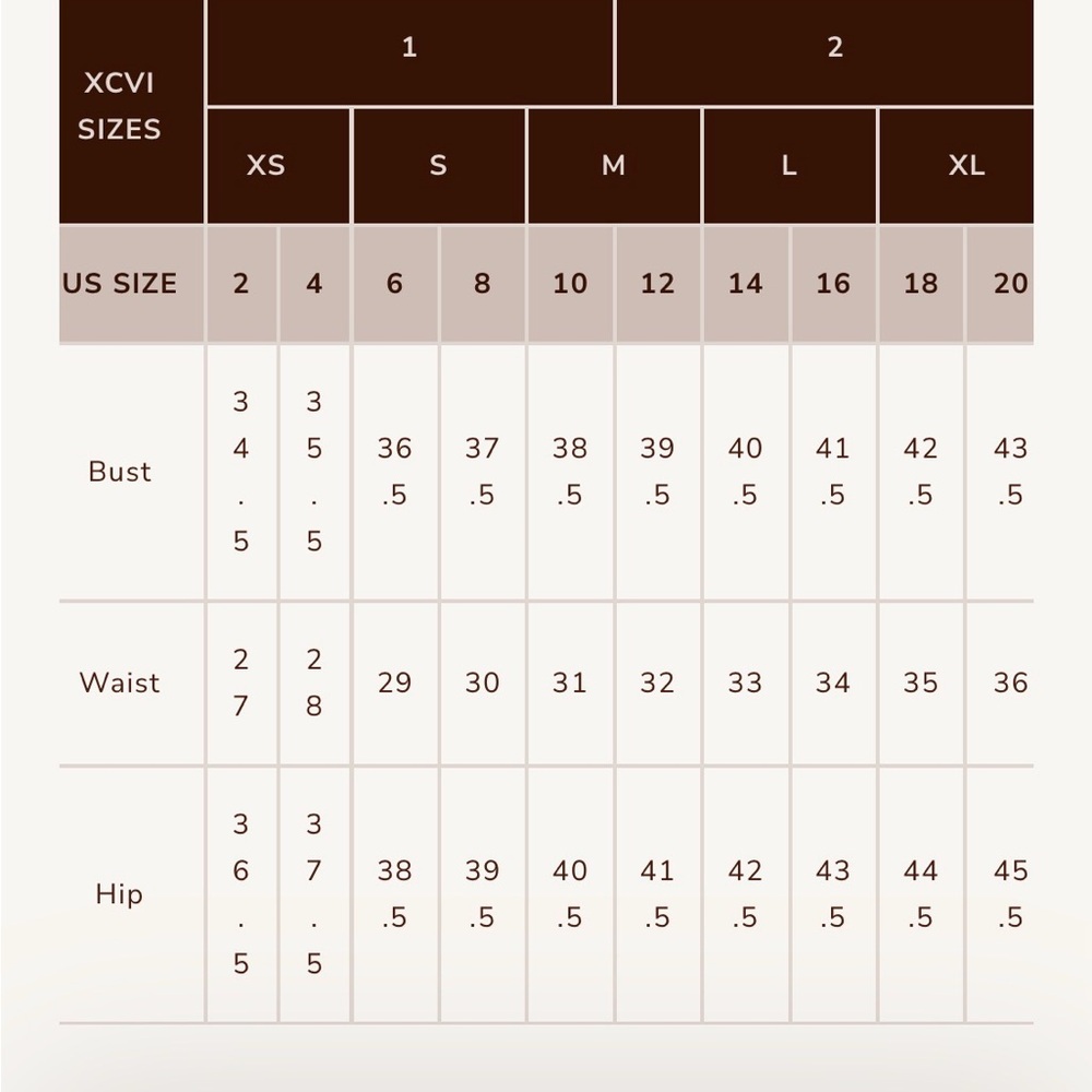 XCVI Size Chart Guide - Picture 5 of 5